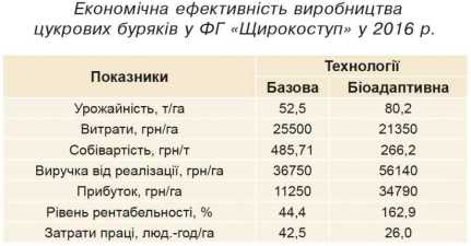 Економічна ефективність виробництва цукрових буряків у ФГ «Щирокоступ» у 2016 р.