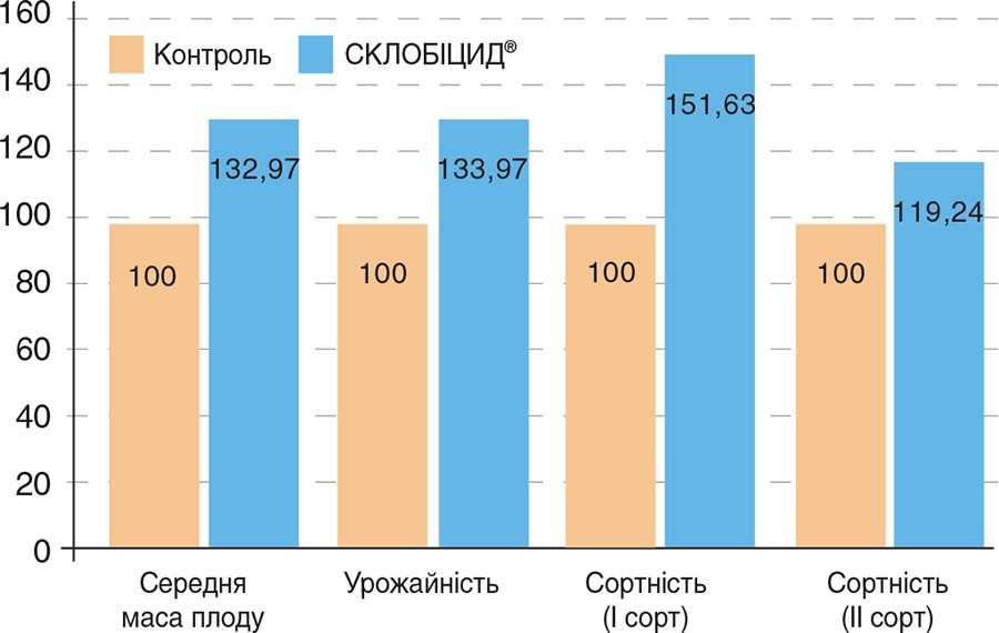 Рис. 3. Вплив препарату SCLOBICIDE® на урожайність та сортність у промислових насадженнях яблуні, % (2021 рік досліджень) Рис. 3. Вплив препарату SCLOBICIDE® на урожайність та сортність у промислових насадженнях яблуні, % (2021 рік досліджень)