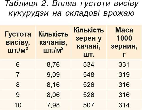 Таблиця 2. Вплив густоти висіву кукурудзи на складові врожаю Таблиця 2. Вплив густоти висіву кукурудзи на складові врожаю
